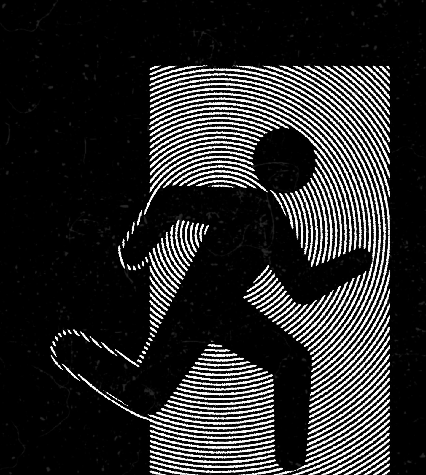 Visuel de Podziemie : pictogramme de sortie de secours dessiné en lignes concentriques blanches sur fond noir